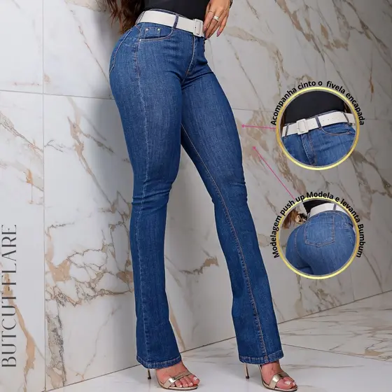 Calça jeans feminina modeladora bootcut com cintura alta levanta bumbum Modela Cintura. Com cinto.