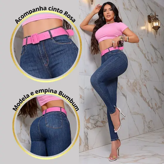 Calça Divas Jeans Feminina Cintura Alta Modeladora Compressor C/ Cinto Rosa Modelagem Levanta Bumbum