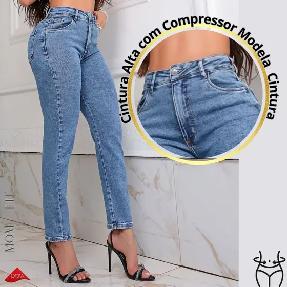 Calça Jeans Mom Fit Feminina Com Cintura Alta Modeladora Chapa Barriga Modela Cintura