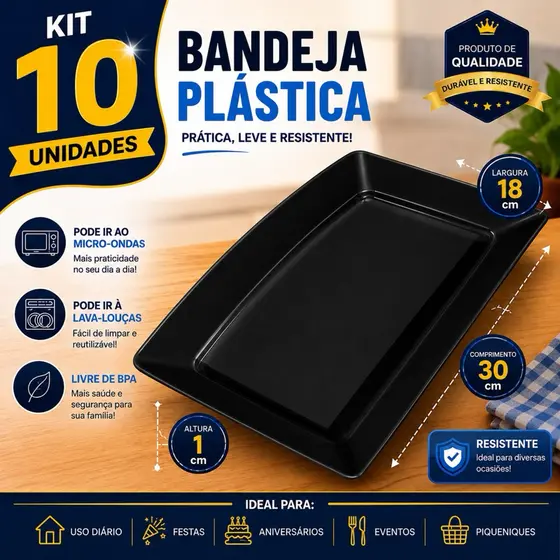 kit 10 Bandejas Petisqueira Preto Plástico Restaurantes Lanchonete Festa Churrasco Casa Espetinho
