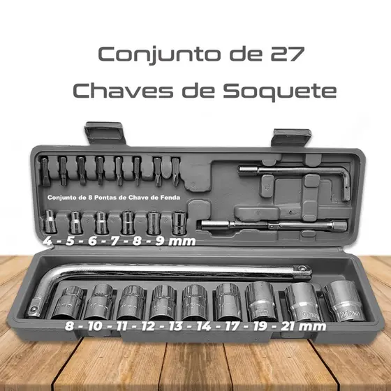Kit Jogo De Ferramentas Soquetes 27 Peças Cromo Vanádio Completo Titanium