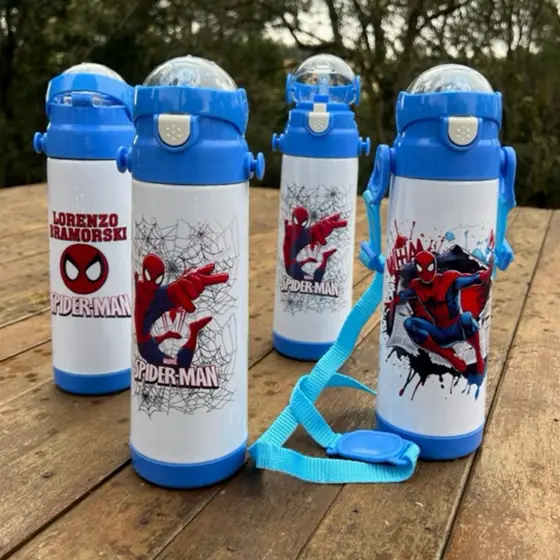 GarrafInha Térmica Personalizada Homem Aranha Com Nome Alça e Canudo Garrafinha termica infantil Homem Aranha