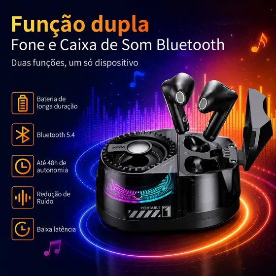 2 em 1 2026 novo TWS fone de ouvido + Caixa De Som Bluetooth PortátilCom Microfone MING Sem Fio Bluetooth 5.0