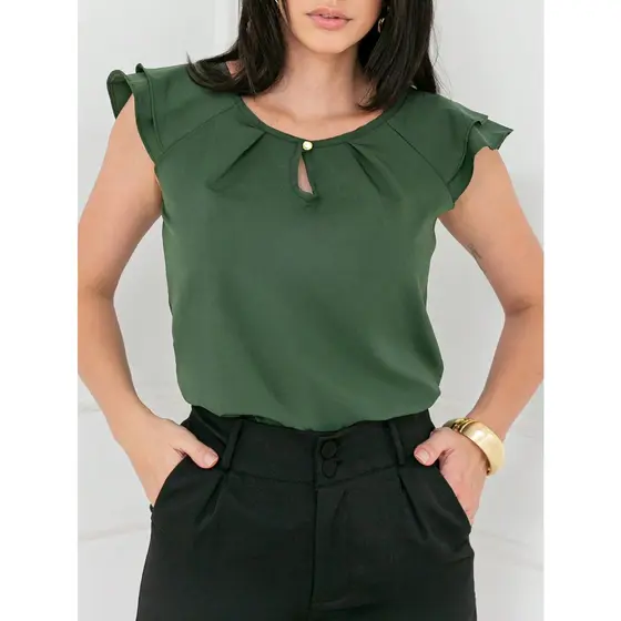 blusa 2 manga babado com botao moda feminina