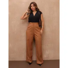Calça Pantalona Feminina Linho Social cintura alto com botoes  e com ziper e bolso aberto sem cinto Bolso nas costas P M
