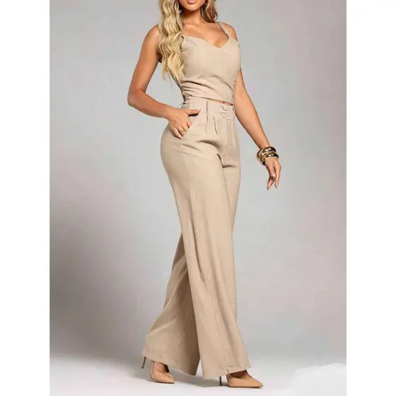 Conjunto feminino marrente de 2 peças:Ragata Sem Mangas e calca Sólida P M G