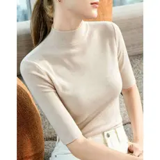 BLUSA FEMININA MALHADO GOLA ALTA MANGA DO MEIO SIMPLES Tecido De Ribana P M G