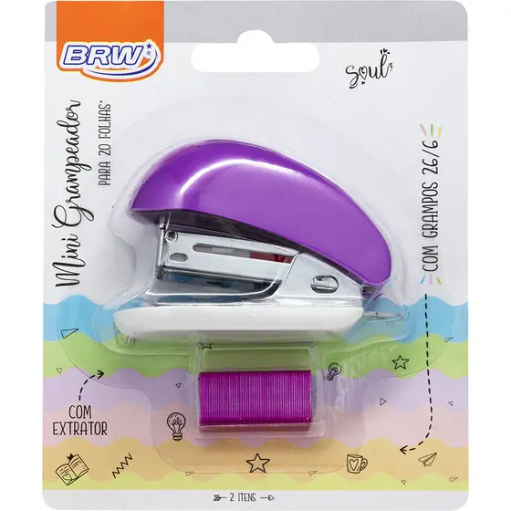 GRAMPEADOR PLÁSTICO MINI PARA 20FLS C/ BARRA 26/6 - BASE DE 6,8CM - BLISTER C/ 2 ITENS (ROXO)