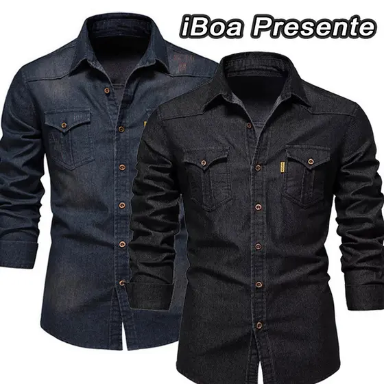 Nova Camisa Jeans Masculina Casual Cor Sólida Sem Ferro Camisa De Manga Comprida