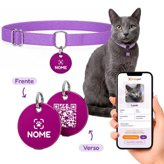 Coleira Elástica Tag de Identificação Personalizada Nome e QR Code Gato e Cachorro Linkopet