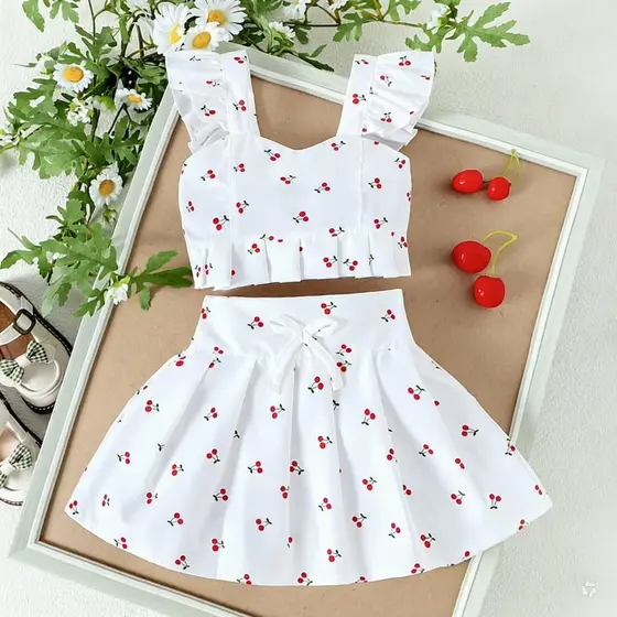 Conjunto infantil menina com estampa de cerejas