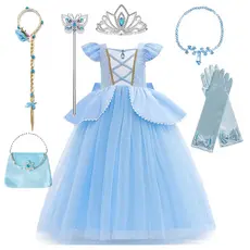 Cinderela Traje Menina Vestido De Princesa Azul Claro Vestidos De Manga Curta Para Festa De Aniversário Crianças Hallowe