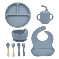 Kit Talheres bebê silicone 4/6/8 Peças Talheres Infantil Com Ventosa Canudo Colher Babador Garfo