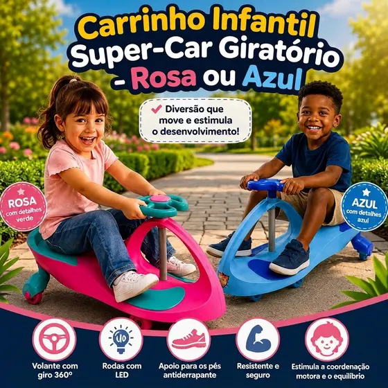 Carrinho Super-Car Giratório Rolemã Rolimã Drift Led Volante 360 até 100Kg Rosa Azul Preto Vermelho Lilás Várias cores