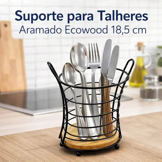Suporte para Talheres Aramado Ecowood 18,5 cm Organizador Armazenamento Pia Louça