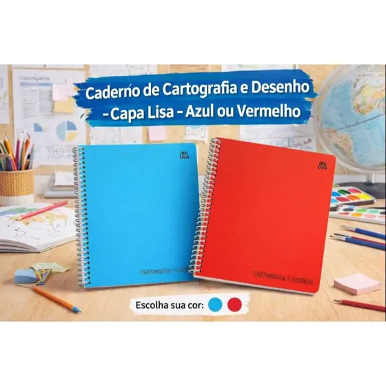 Caderno de Cartografia e Desenho Capa Lisa - Azul ou Vermelho 27,5 cm x 20cm Cor Vibrante 60 folhas