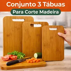 Conjunto Kit 3 Tábuas Para Corte Madeira Legumes Carne para Cozinha Liso ou Marmorado