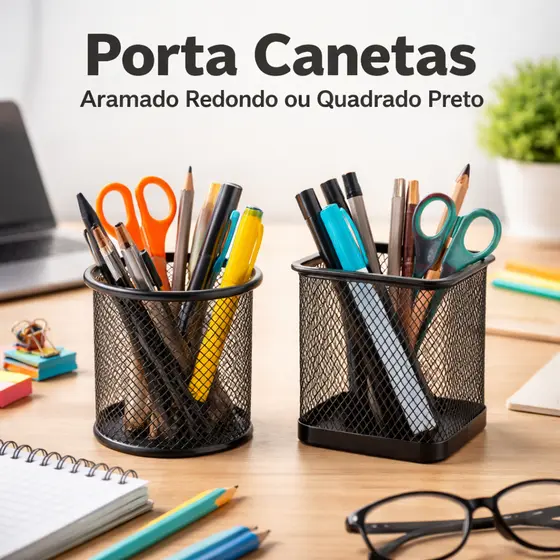 Porta Caneta Organizador de Mesa Aramado Metal Preto Redondo Quadrado Escritório Escolar Home Office