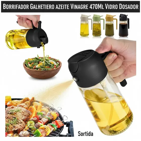 Kit 2 Galheteiro Porta Azeite Vinagre Shoyu Spray Vidro Botão Dosador + Tampa 2 em 1 Sortido 470ml