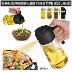 Kit 2 Galheteiro Porta Azeite Vinagre Shoyu Spray Vidro Botão Dosador + Tampa 2 em 1 Sortido 470ml