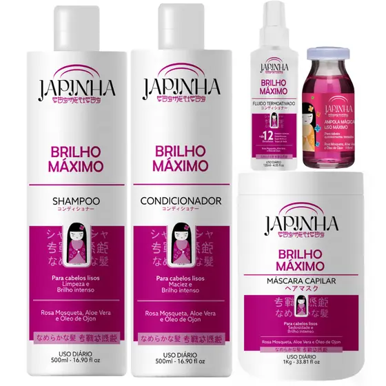 Kit Japinha Brilho Máximo Completo - Shampoo + Cond + Máscara + Protetor Térmico + Ampola Mágica