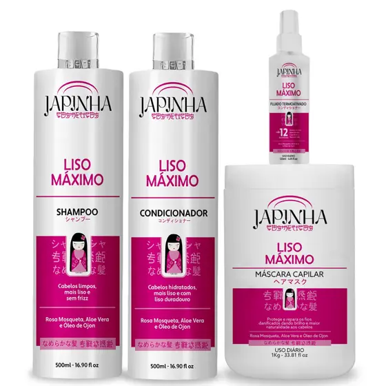 Kit Japinha Liso Máximo | Shampoo + Condicionador + Máscara Capilar + Fluido Termoativado 💖