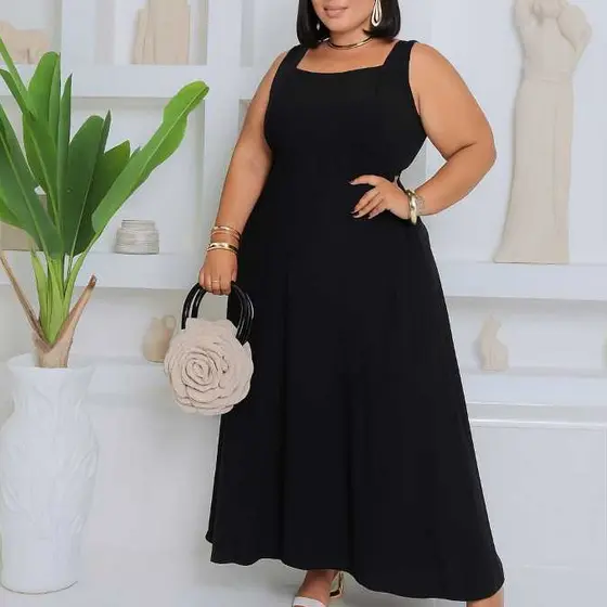 Vestido Feminino Longo Plus Size Liso Elegancia
