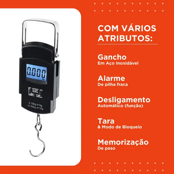 Balança De Mão Digital 50 KG com Pilhas - Para Bagagem Bolsa e Pesca - Mazzal