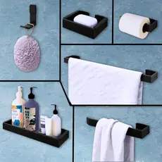 Acessórios Para Banheiro Kit c/ 6 Peças - Alumínio Espacial Porta Shampoo Toalha Sabonete - Mazzal
