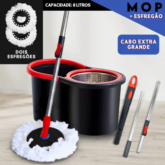 Mop C/ Cabo de 140 cm + 2 Refis - 8 Litros Cesto Em Inox - Balde Centrífuga - Mazzal