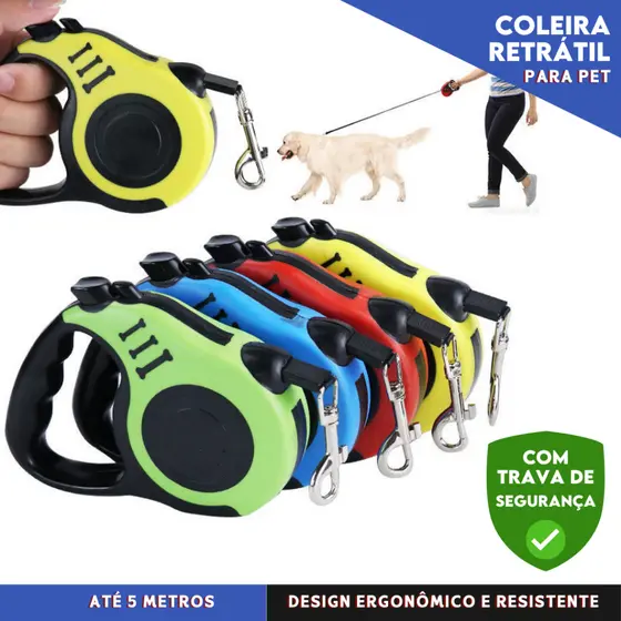 Coleira Pet Guia Retrátil 5 Metros Com Trava Resistente e Segura Para cães e Gatos - Mazzal