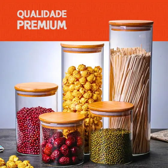 Porta Mantimento De Vidro Herméticos - Kit Com 5 - Tampa De Bambu - Mazzal