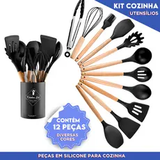 Kit Utensílios de Cozinha Com 5/12 Peças em Silicone com Cabo de Madeira Completo - Mazzal