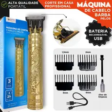 Máquina de Cortar Cabelo e Barba Profissional Recarregável USB Dragão 4 Pentes Lâmina de Aço - MZ
