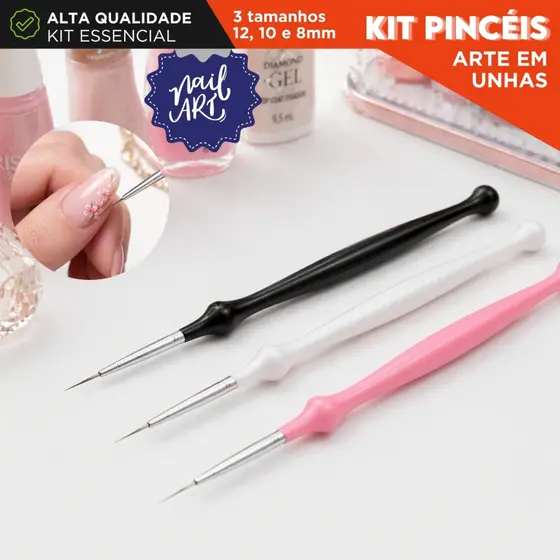 Kit Pincel Fino Nail Art 3 Peças Para Unhas Profissional Pintura e Desenho Detalhado - MZ 08