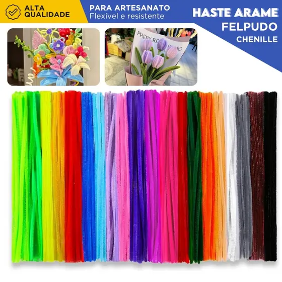 Haste Chenille 100 Unidades 30cm Colorido Limpador de Cachimbo Arame Felpudo Artesanato Escolar - MZ