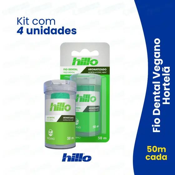 Kit 4 Fio Dental Hortelã Vegano 50 Metros Sabor Refrescante Econômico Hillo Natural Brinde