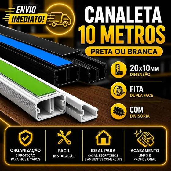Canaleta 10 Metros Organizador de Fios Preta Branca Sistema X Com Fita Adesiva e Divisória 20x10mm