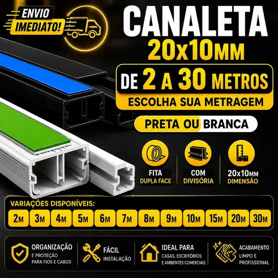 Canaleta 20x10mm PVC Painel Canaletado Organizador Fios Preta Branca Sistema X Fita Divisoria