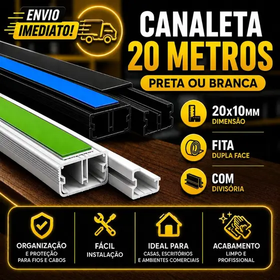 Canaleta 20 Metros Organizador de Fios Preta Branca Sistema X Com Fita Adesiva e Divisória 20x10mm