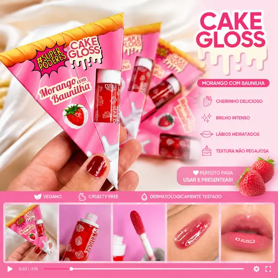GLOSS Blogueira - Lip Gloss Cake Morango Vegano 5ml - Super Poderes