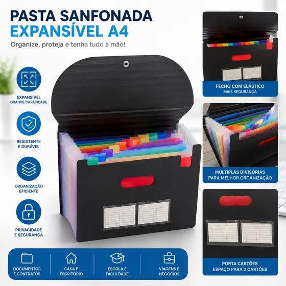 Pasta Sanfonada Expansível A4 Porta Documentos Organizador de Arquivos com 24 Divisórias Coloridas