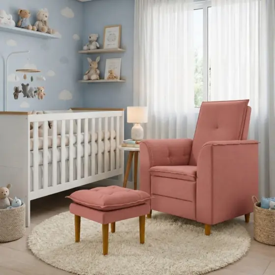 Poltrona Multifuncional Com Puff Suede Rosa Bebê Tana Decor