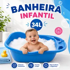 Banheira Infantil 34 Litros Grande para Bebê e Criança com Porta Objetos e Suporte para Shampoo