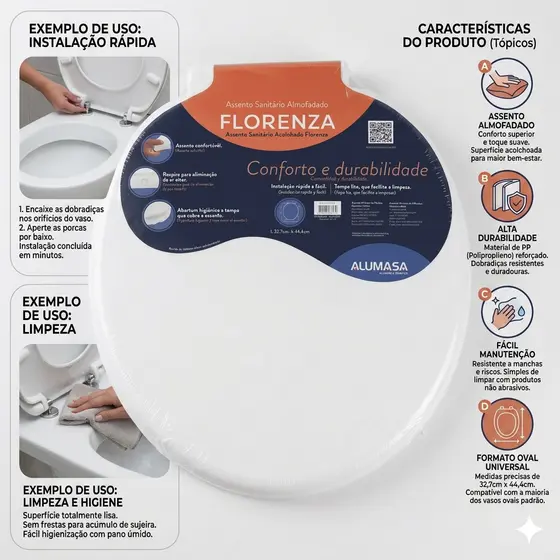 assento sanitario almofadado oval florenza alumasa conforto higiene macio resistente seguro banheiro