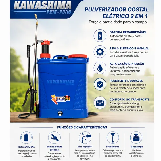 Pulverizador Elétrico 20L Kawashima 2 Em 1 Pulverizador Mochila Com Bateria Bivolt PEM-P20 De Alta Pressão