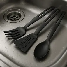 Kit 3 Utensílios Cozinha Nylon Colher Espátula Garfo Resistente e Antirrisco