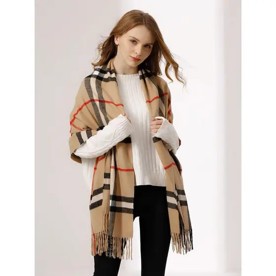 Cachecol Lenço Feminino Xadrez com franja Quente De Cashmere Sintética Inverno 170*65