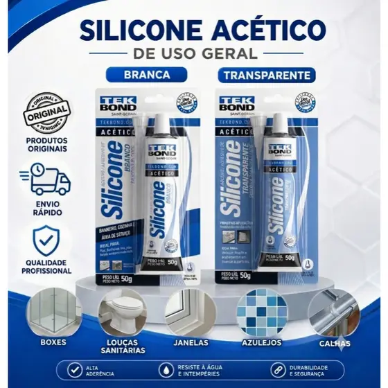 Silicone Acético TEKBOND Branco ou Transparente Kit 1 a 4 Unidades Antimofo Vedação Banheiro Cozinha