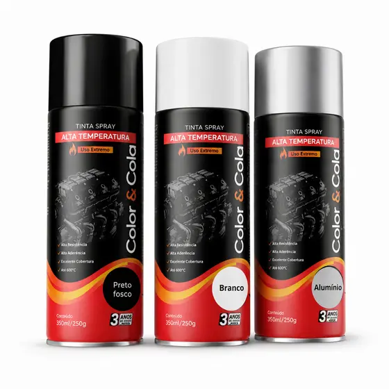 Tinta Spray 350ML Alta Temperatura Preto Fosco / Branco Fosco / Aluminio Color & Cola